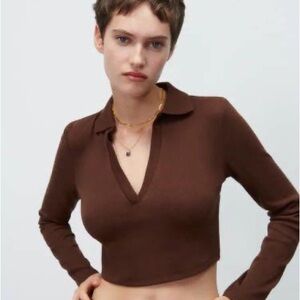 Zara Brown V-Neck Collared Women's Top